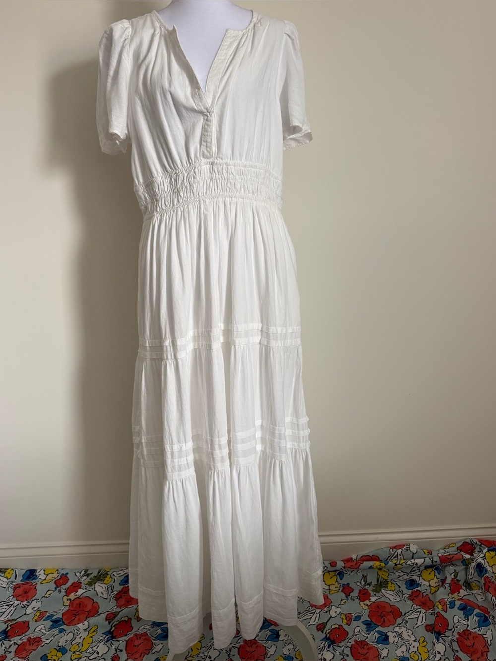 Anthropologie Cream Smocked-Waist Tiered Maxi Dress Linen Blend Size Large